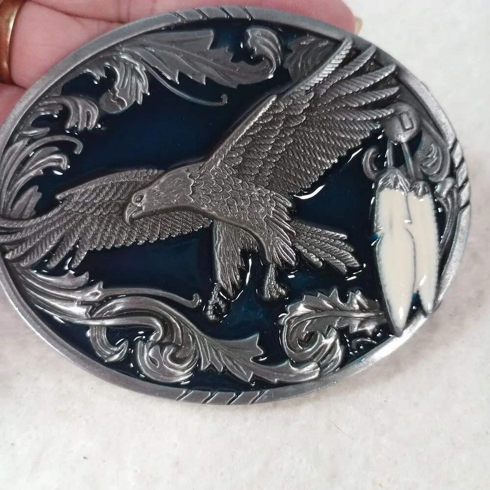 Vintage 90s Flying Eagle Belt Buckle Blue Enamel Western Native Style